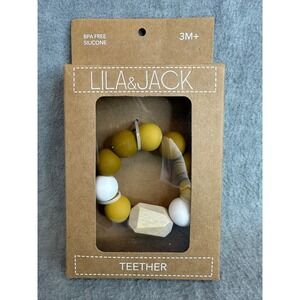 Lila & Jack Silicone and Wood Beaded Baby Teether Ring AT1930 Mustard Yellow 3M+